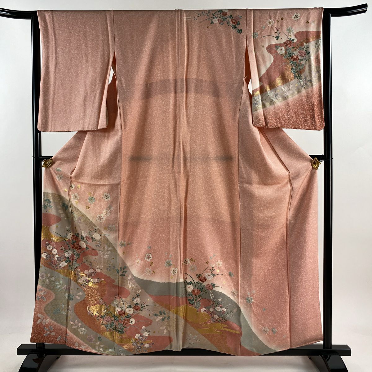 訪問服 身長160cm 袖長64.5cm M 雙層 菊花 流水 金彩裝飾 漸層 淺粉色 純蠶絲 優品級