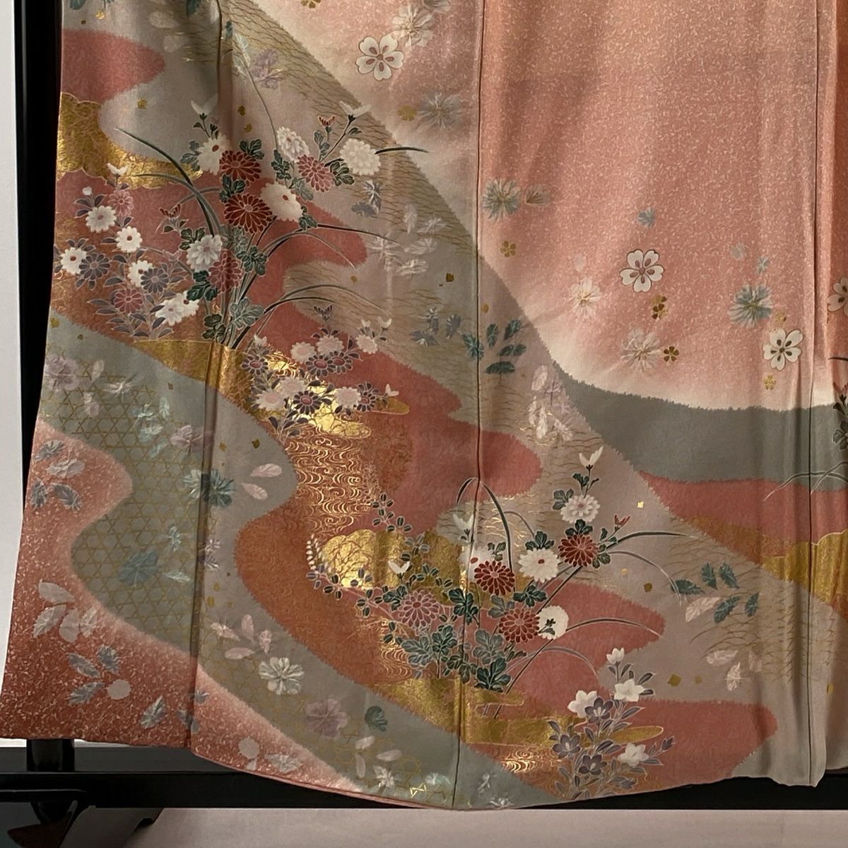 訪問服 身長160cm 袖長64.5cm M 雙層 菊花 流水 金彩裝飾 漸層 淺粉色 純蠶絲 優品級