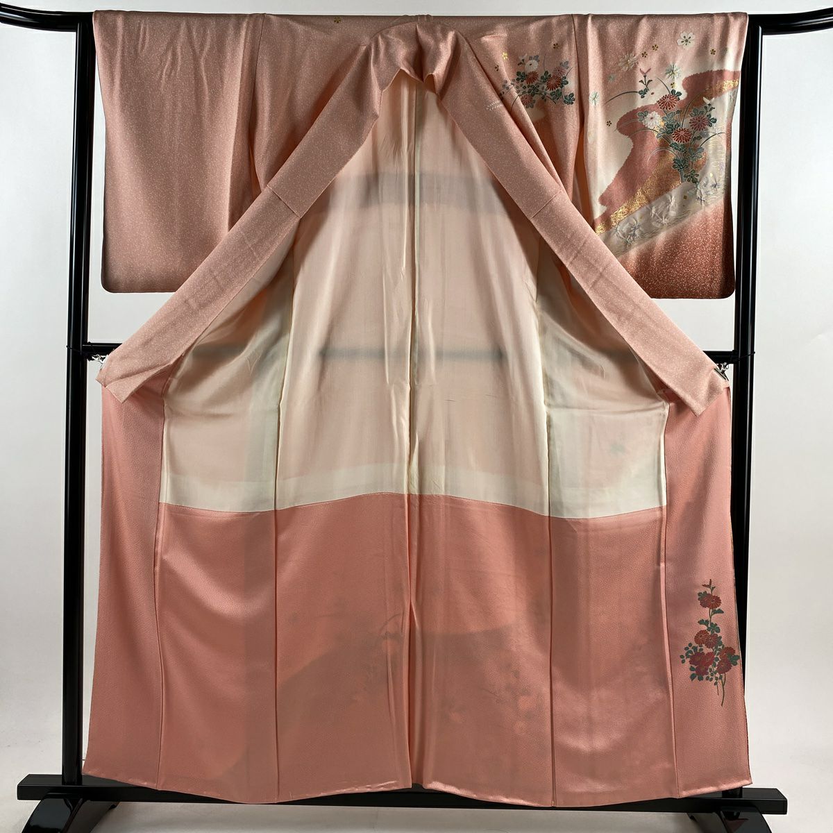 訪問服 身長160cm 袖長64.5cm M 雙層 菊花 流水 金彩裝飾 漸層 淺粉色 純蠶絲 優品級