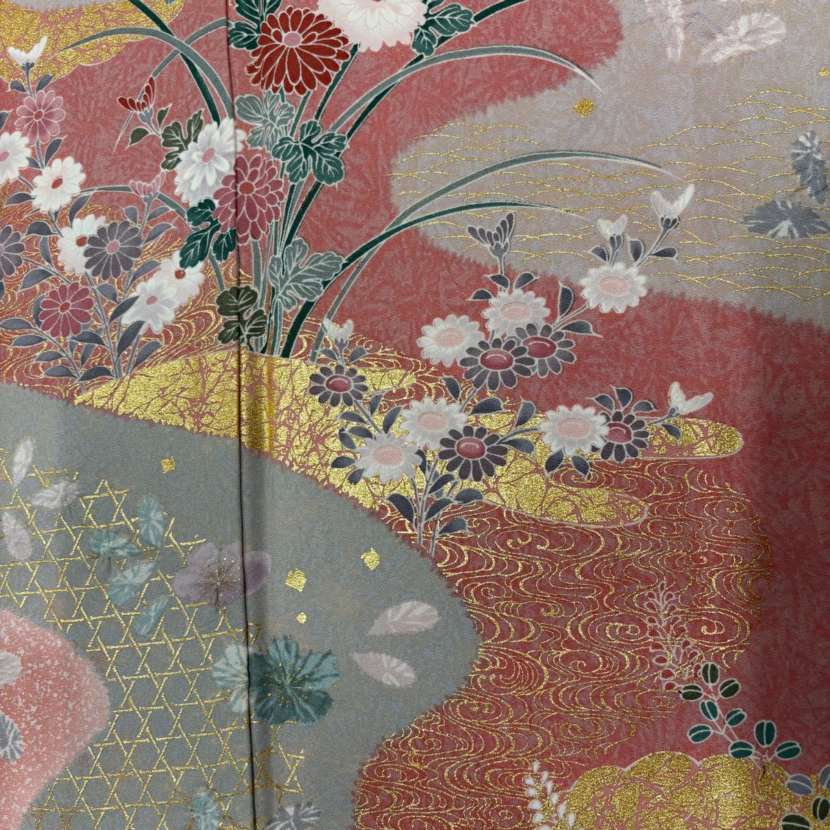 訪問服 身長160cm 袖長64.5cm M 雙層 菊花 流水 金彩裝飾 漸層 淺粉色 純蠶絲 優品級