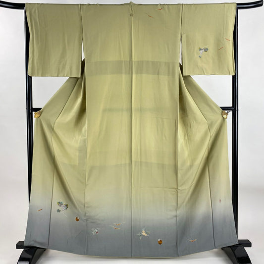 付下 身長162.5cm 袖長65cm M 雙層 落款あり 生り物 染分 灰綠 純蠶絲 秀品級 一つ紋