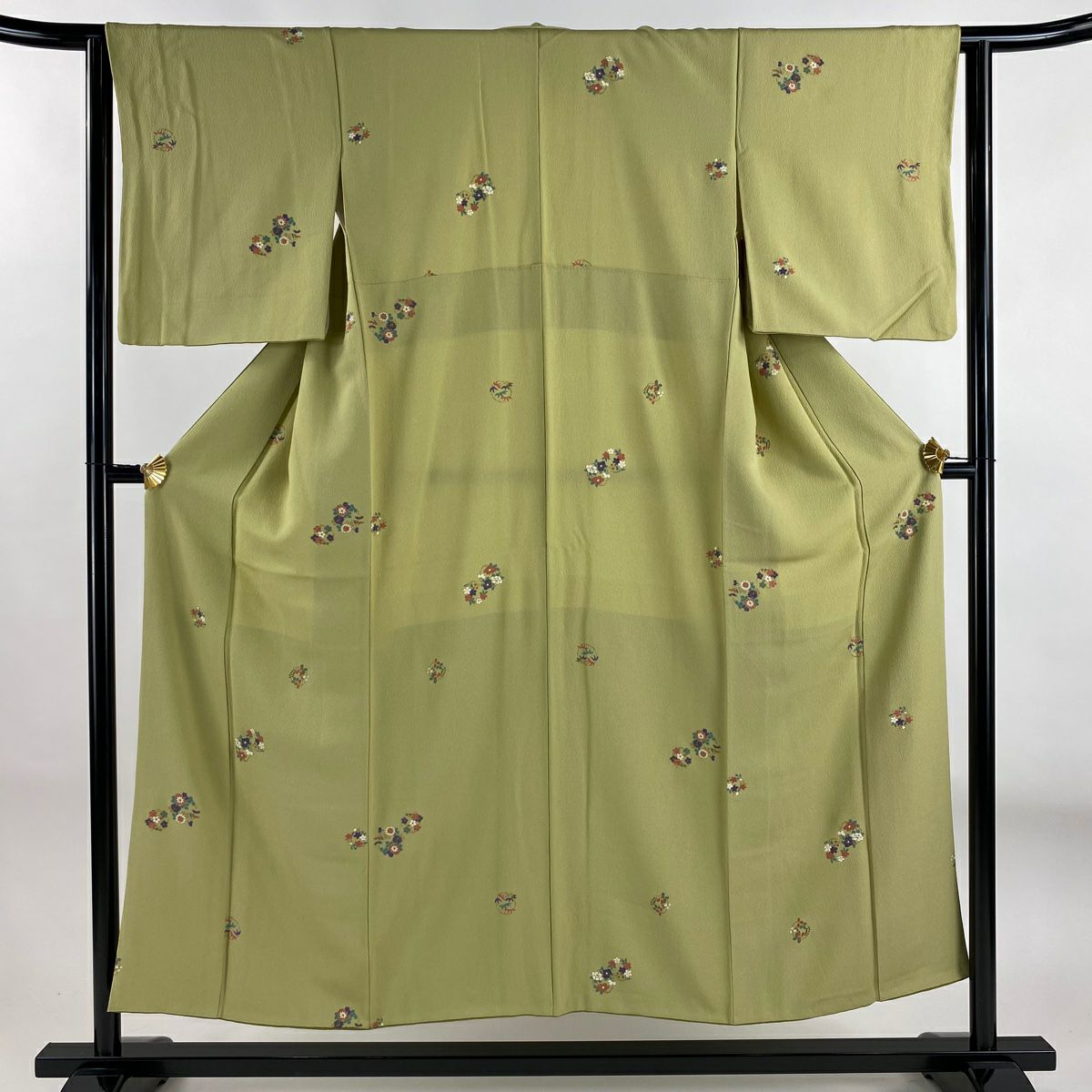 【美品】 小紋 身長152cm 袖長62.5cm S 雙層 花丸紋 草花紋紋 金銀彩 絞織 抹茶 純蠶絲 秀品級