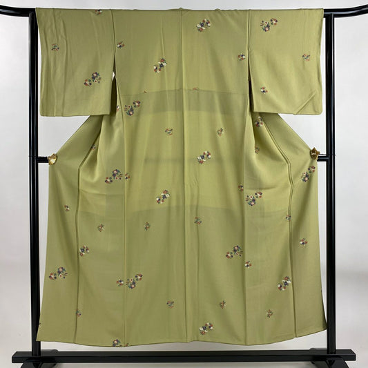 【美品】 小紋 身長152cm 袖長62.5cm S 雙層 花丸紋 草花紋紋 金銀彩 絞織 抹茶 純蠶絲 秀品級