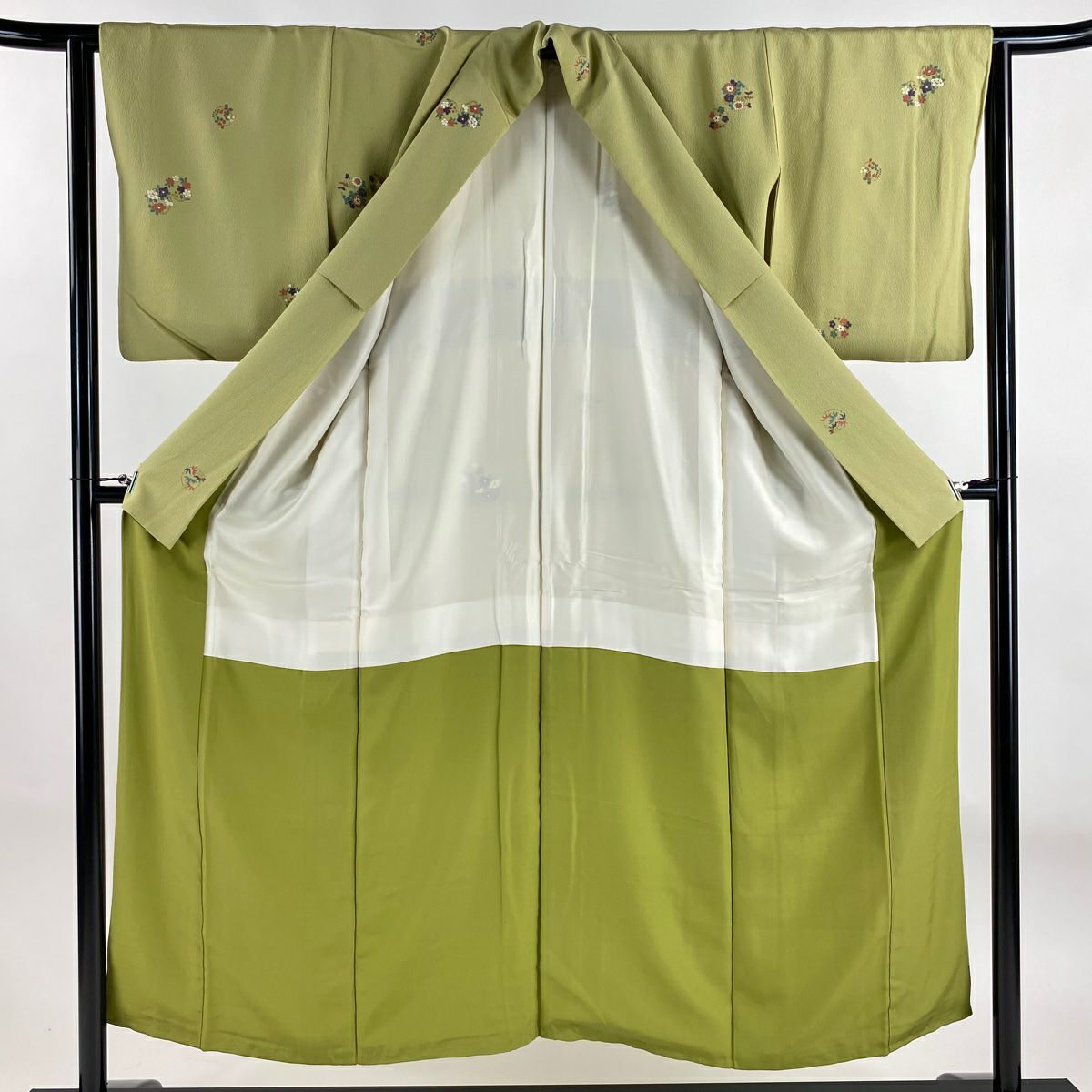 【美品】 小紋 身長152cm 袖長62.5cm S 雙層 花丸紋 草花紋紋 金銀彩 絞織 抹茶 純蠶絲 秀品級
