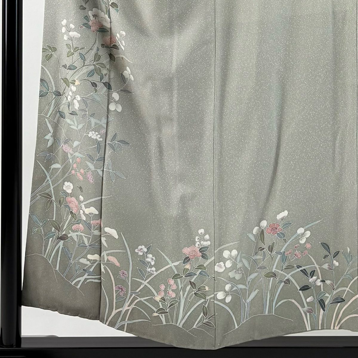 訪問服 身長155cm 袖長65cm M 雙層 落款 草花紋紋 漸層 灰綠 純蠶絲 優品級