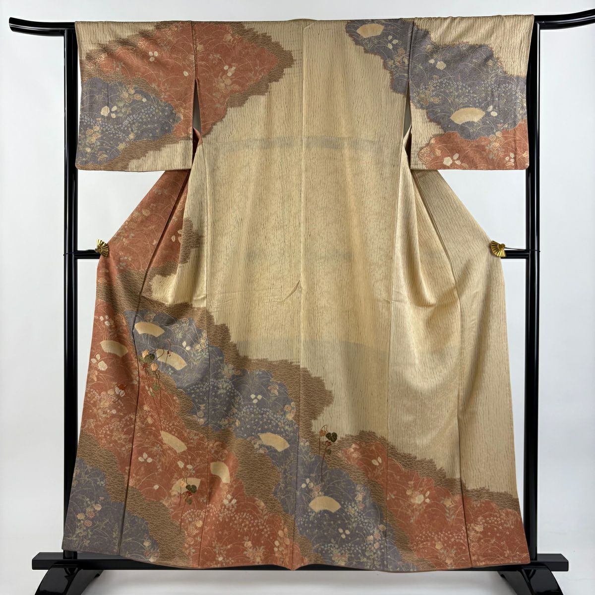 【美品】訪問服 身長158cm 袖長63cm S 雙層 紬織織 扇子面 葉與果實 刺繡 金線 紅茶 純蠶絲 秀品級