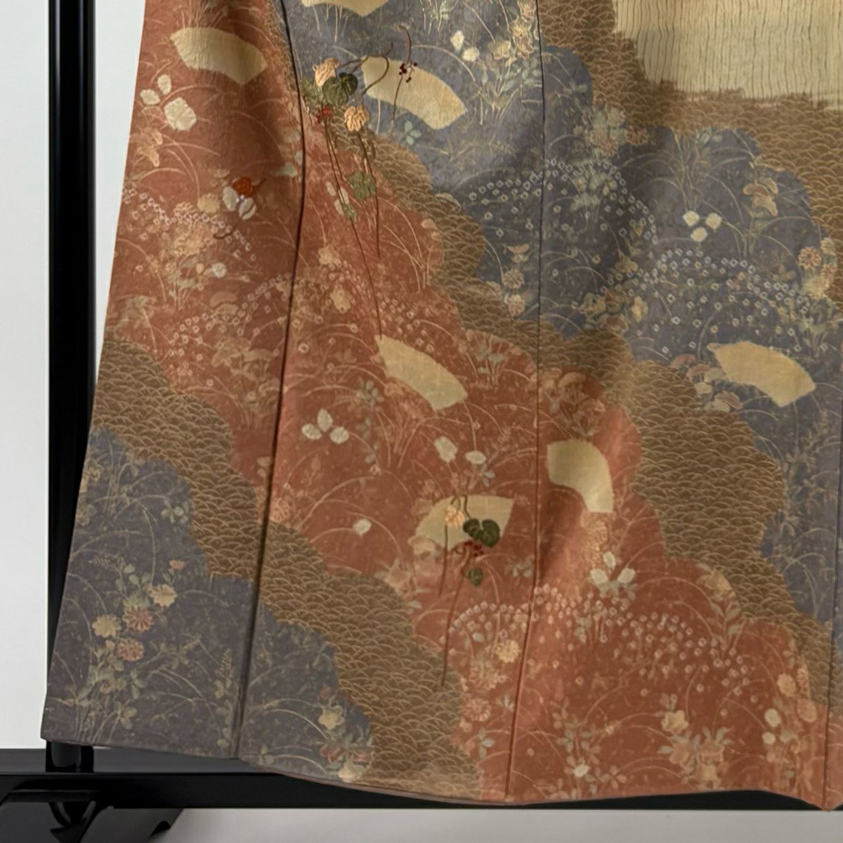 【美品】訪問服 身長158cm 袖長63cm S 雙層 紬織織 扇子面 葉與果實 刺繡 金線 紅茶 純蠶絲 秀品級