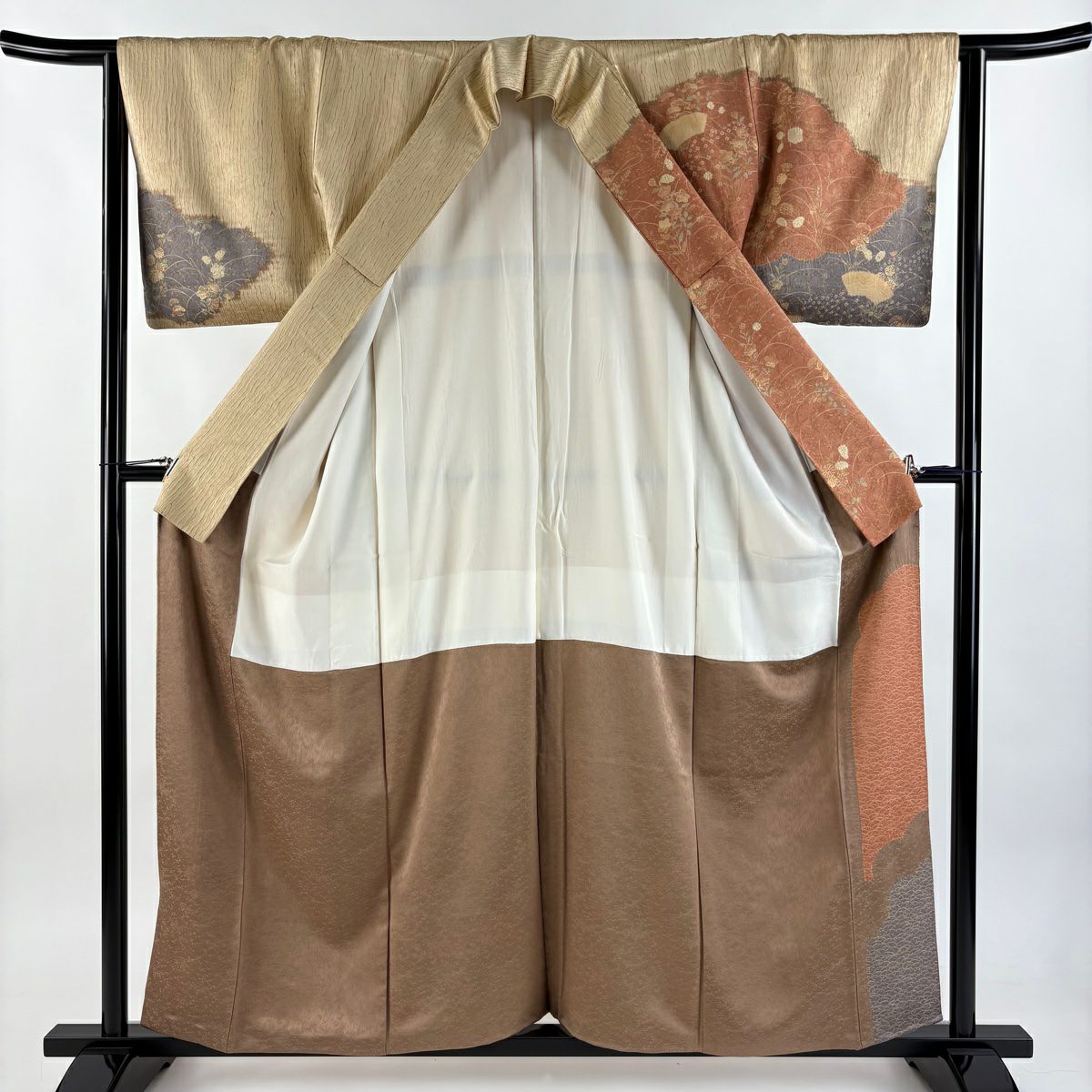 【美品】訪問服 身長158cm 袖長63cm S 雙層 紬織織 扇子面 葉與果實 刺繡 金線 紅茶 純蠶絲 秀品級