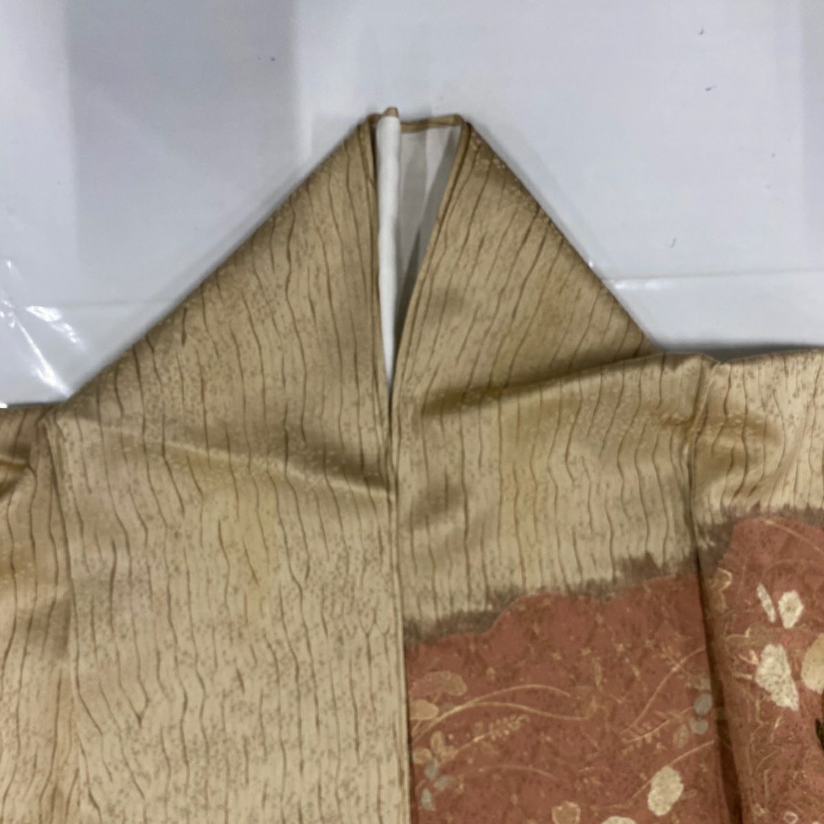 【美品】訪問服 身長158cm 袖長63cm S 雙層 紬織織 扇子面 葉與果實 刺繡 金線 紅茶 純蠶絲 秀品級