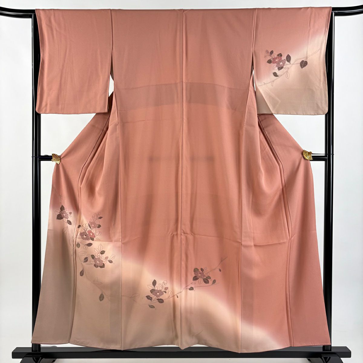 付下 身長155cm 袖長64.5cm M 雙層 椿 刺繡 漸層 鮭粉色 純蠶絲 優品級