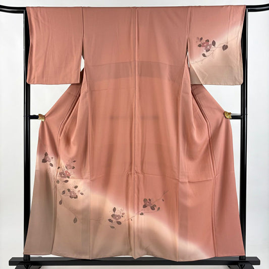 付下 身長155cm 袖長64.5cm M 雙層 椿 刺繡 漸層 鮭粉色 純蠶絲 優品級