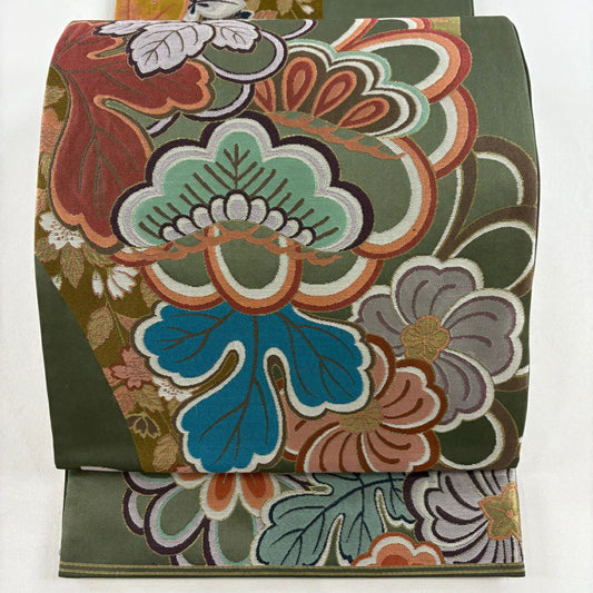 【庫存清倉】 【美品】 袋帶 名品級 菊花 松樹 金金箔 深綠 六通 純蠶絲