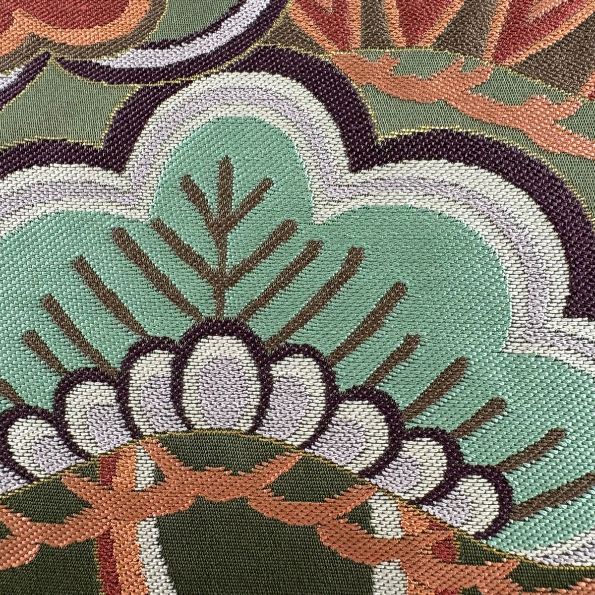 【庫存清倉】 【美品】 袋帶 名品級 菊花 松樹 金金箔 深綠 六通 純蠶絲