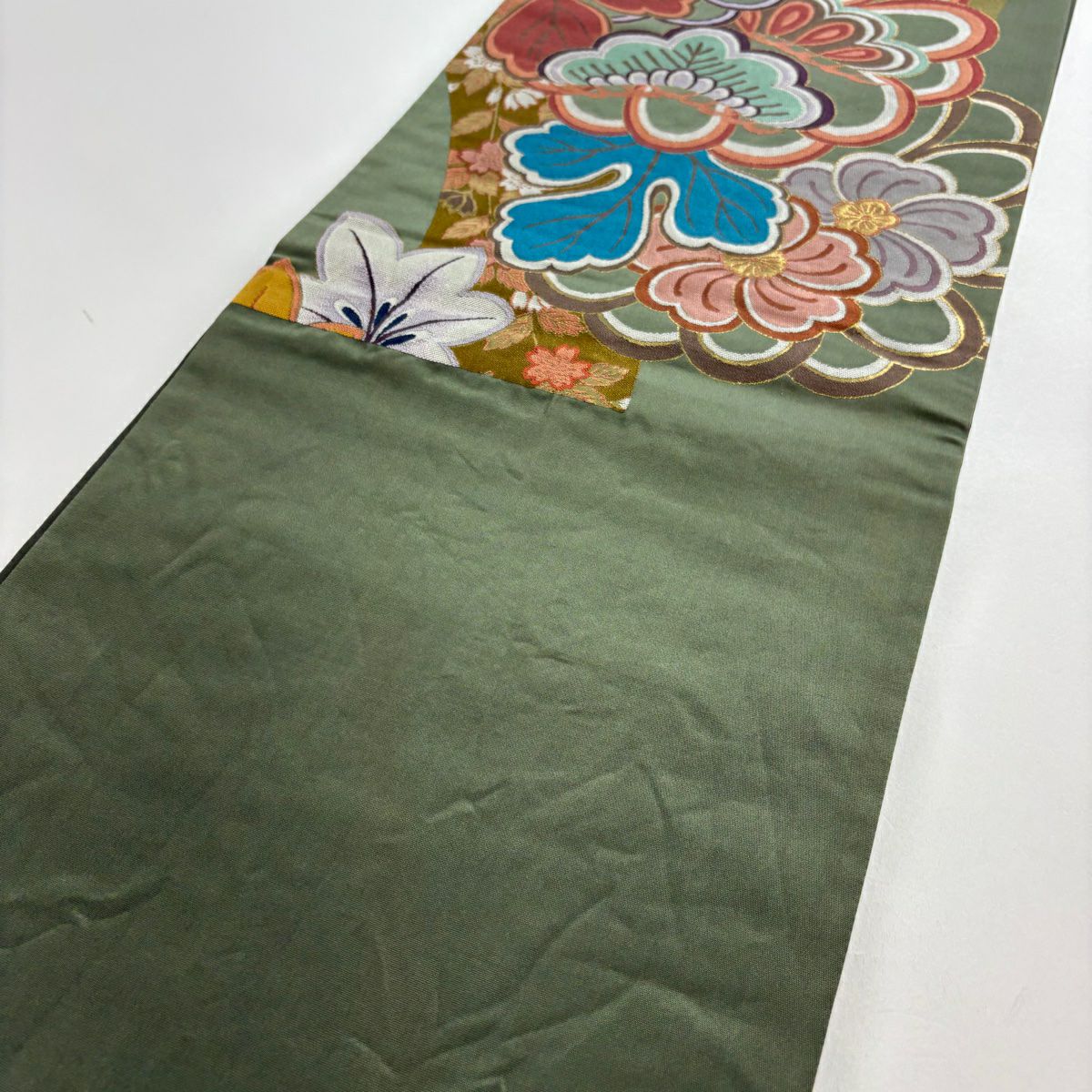 【庫存清倉】 【美品】 袋帶 名品級 菊花 松樹 金金箔 深綠 六通 純蠶絲