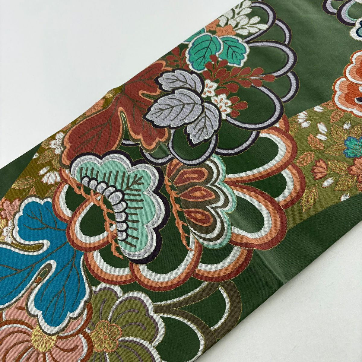 【庫存清倉】 【美品】 袋帶 名品級 菊花 松樹 金金箔 深綠 六通 純蠶絲