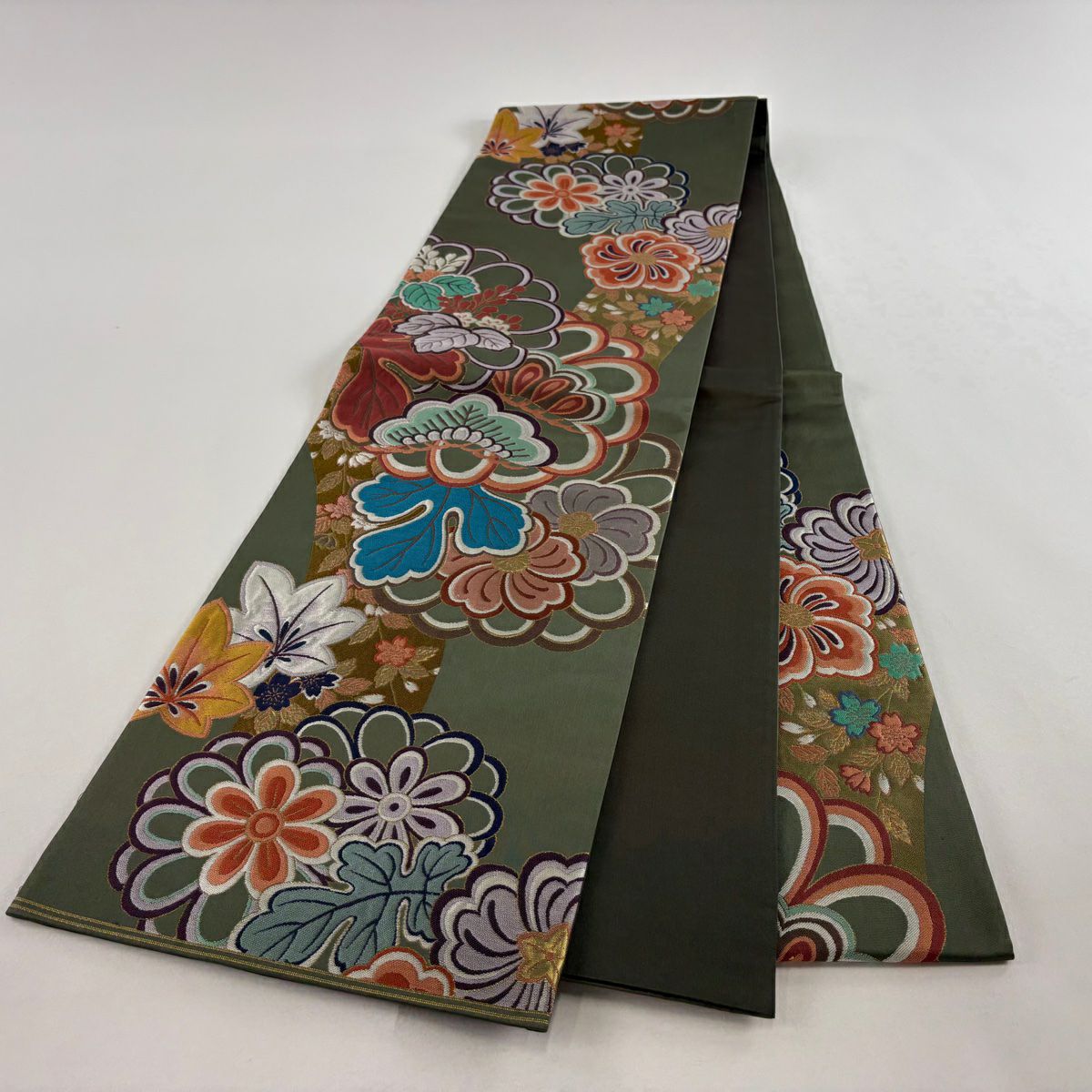 【庫存清倉】 【美品】 袋帶 名品級 菊花 松樹 金金箔 深綠 六通 純蠶絲
