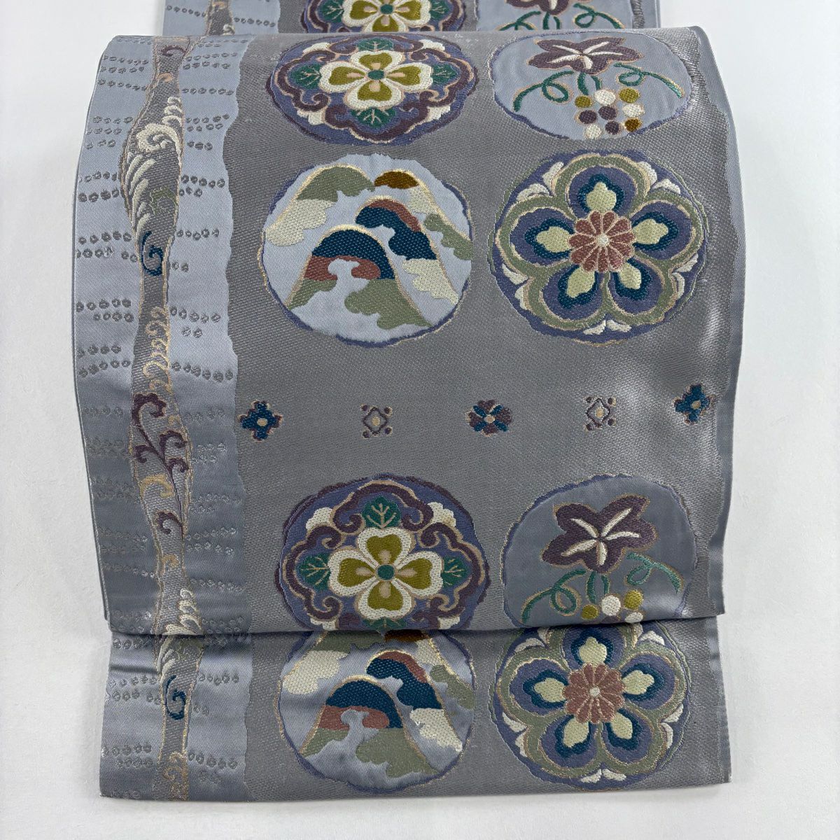 【庫存清倉】 袋帶 名品級 花 葡萄 刺繡 金金箔 灰紫 六通 純蠶絲