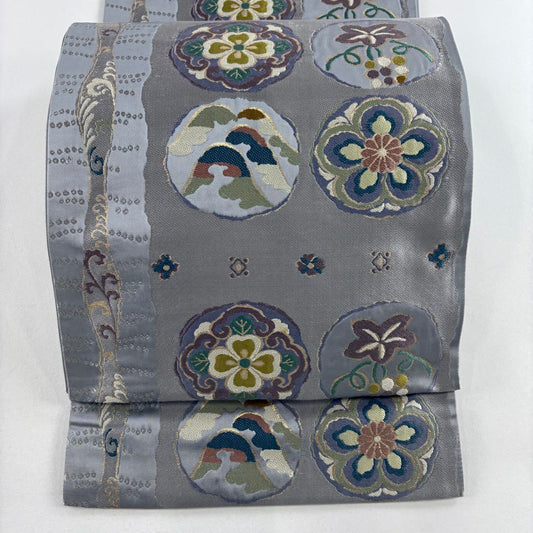 【庫存清倉】 袋帶 名品級 花 葡萄 刺繡 金金箔 灰紫 六通 純蠶絲