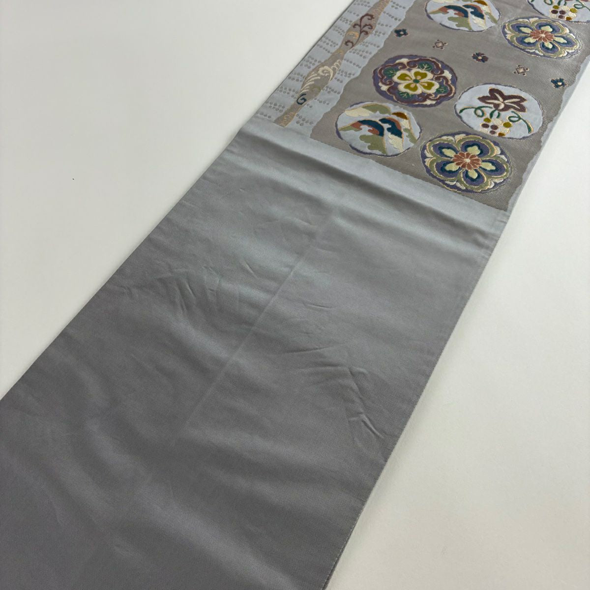 【庫存清倉】 袋帶 名品級 花 葡萄 刺繡 金金箔 灰紫 六通 純蠶絲