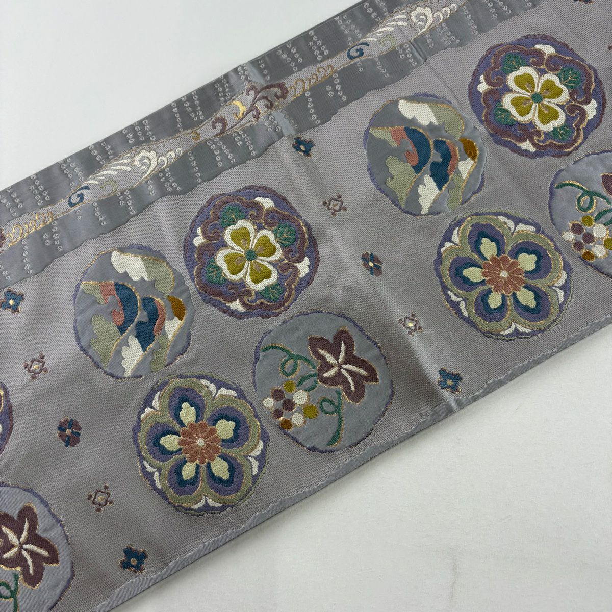 【庫存清倉】 袋帶 名品級 花 葡萄 刺繡 金金箔 灰紫 六通 純蠶絲