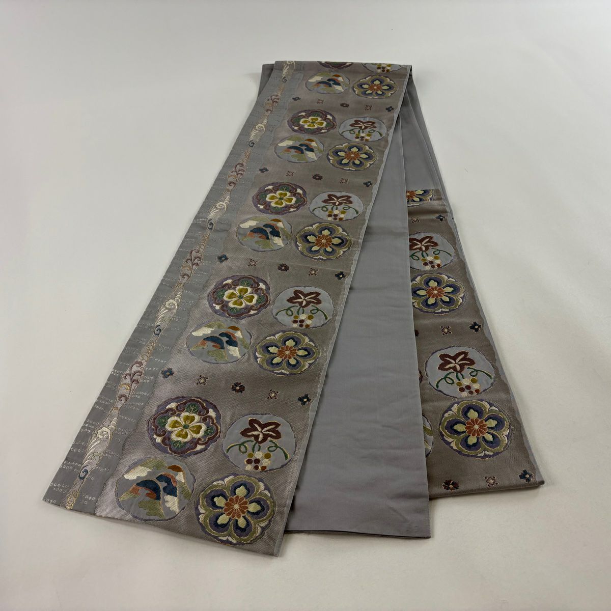 【庫存清倉】 袋帶 名品級 花 葡萄 刺繡 金金箔 灰紫 六通 純蠶絲