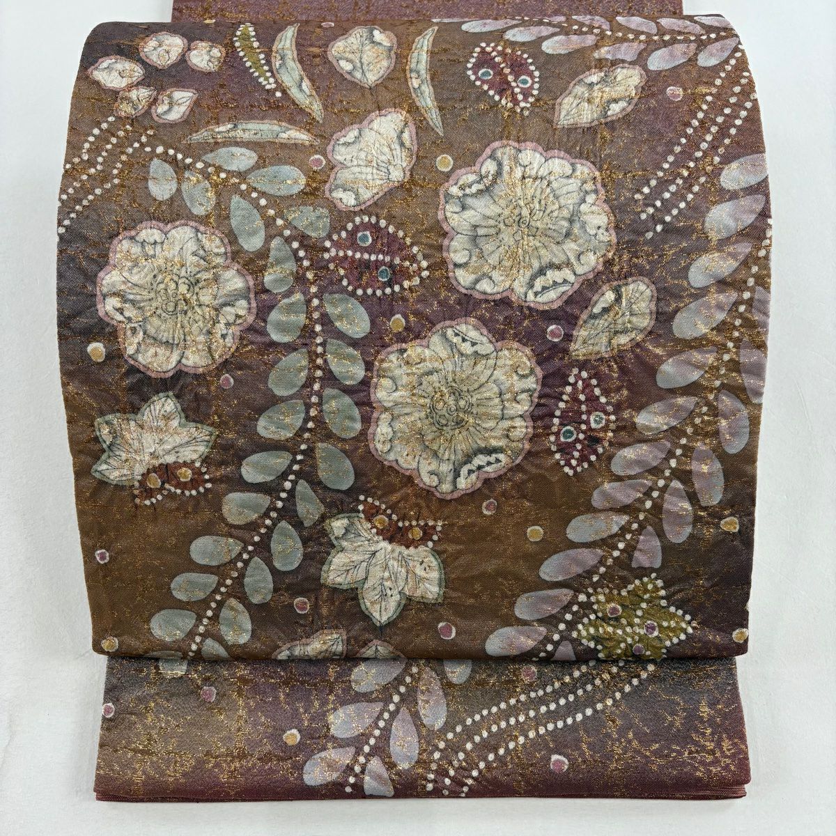 【庫存清倉】 【美品】 袋帶 名品級 附落款 辻花染 金金箔 絞染 紅紫 大鼓圖案 純蠶絲