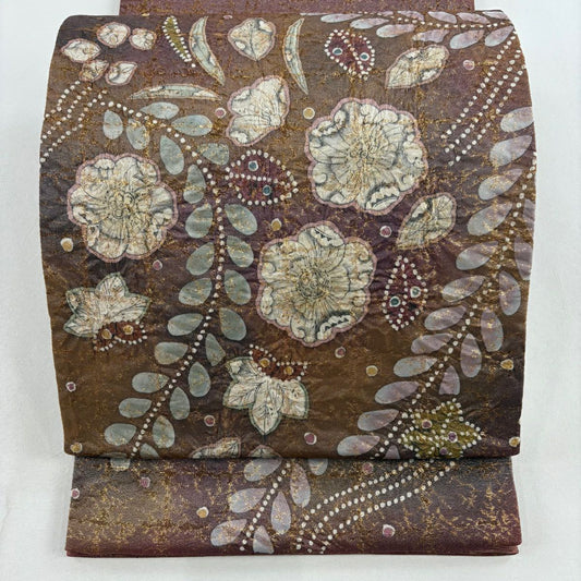 【庫存清倉】 【美品】 袋帶 名品級 附落款 辻花染 金金箔 絞染 紅紫 大鼓圖案 純蠶絲
