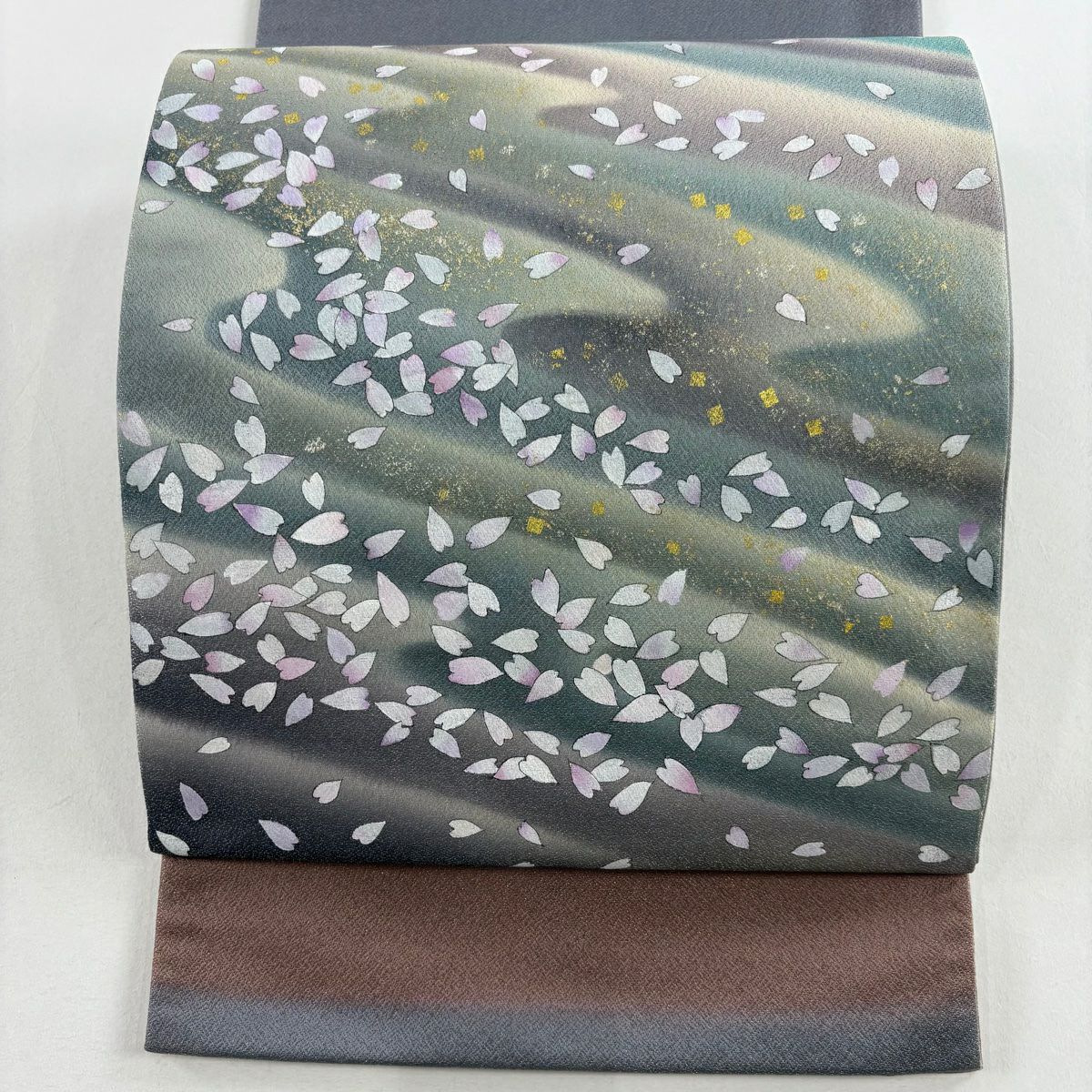 【庫存清倉】 【美品】 袋帶 名品級 花瓣 霞 金銀彩 漸層 青灰 純蠶絲