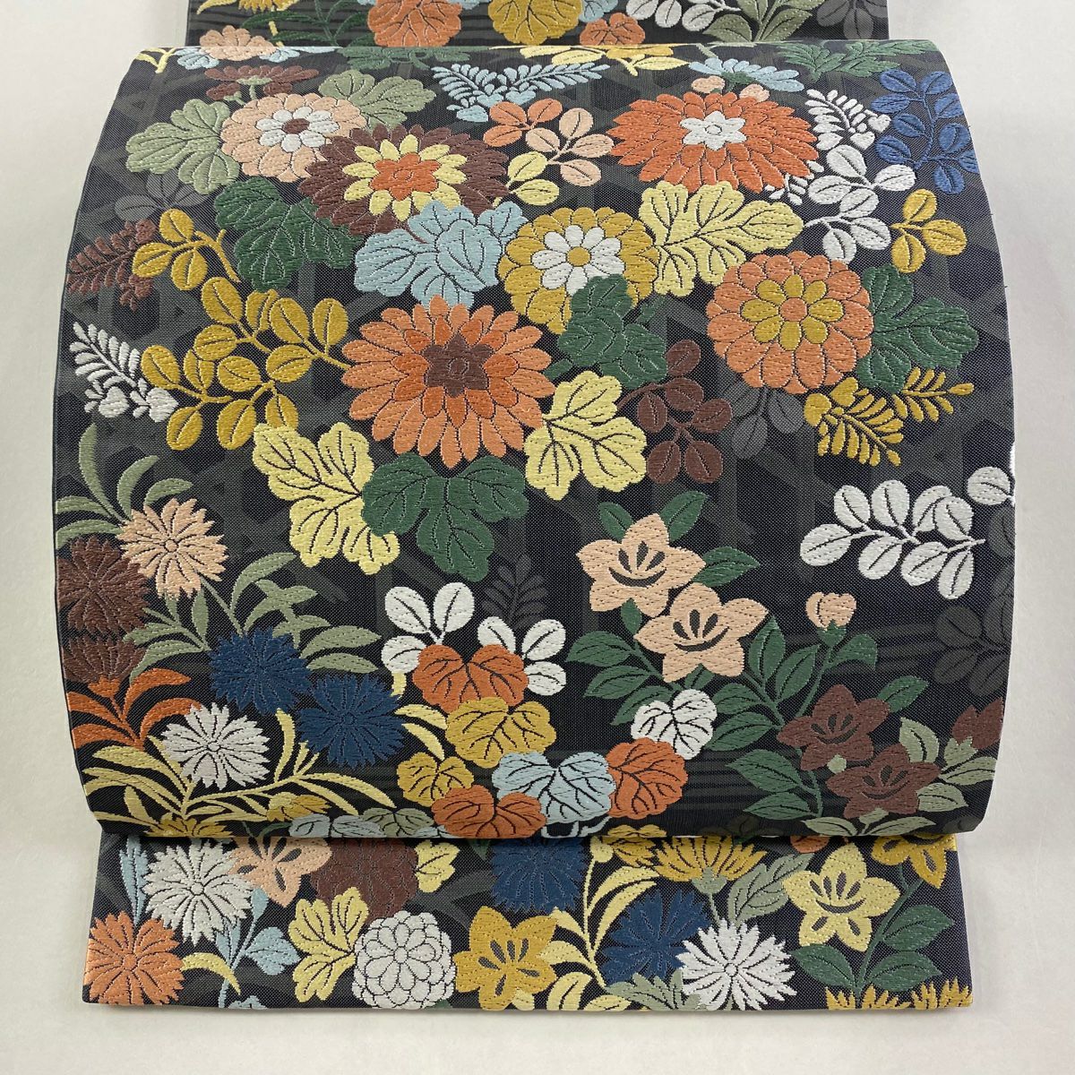 【庫存清倉】 【美品】 袋帶 名品級 秋草 唐織 深藍 六通 純蠶絲