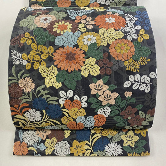 【庫存清倉】 【美品】 袋帶 名品級 秋草 唐織 深藍 六通 純蠶絲