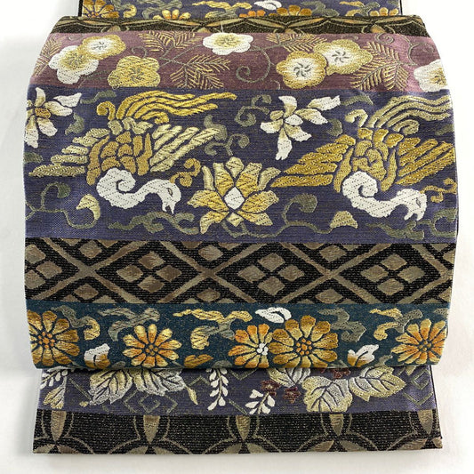 【庫存清倉】 【美品】 袋帶 名品級 鳳凰 草花紋 金糸 金金箔 黑 六通 純蠶絲