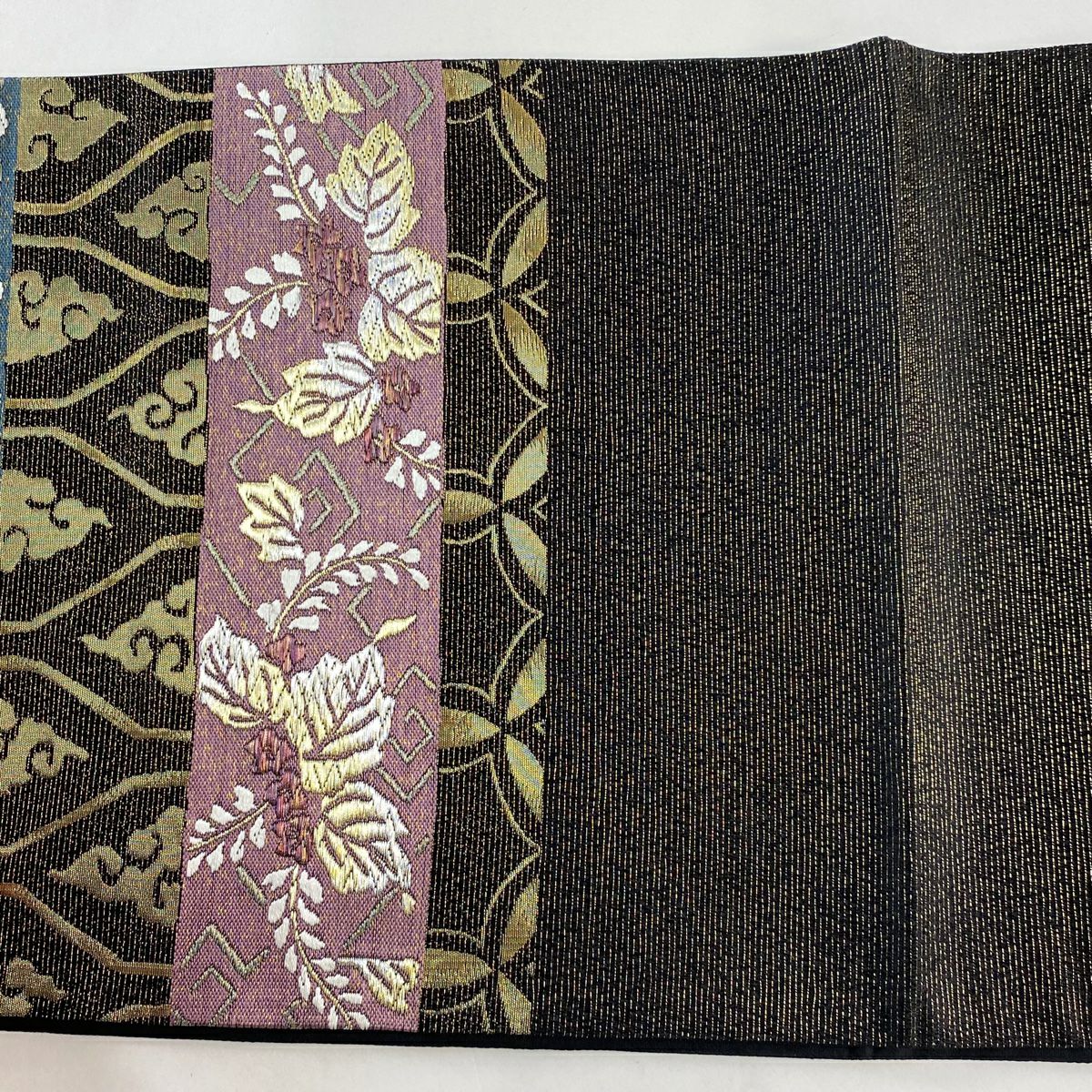 【庫存清倉】 【美品】 袋帶 名品級 鳳凰 草花紋 金糸 金金箔 黑 六通 純蠶絲