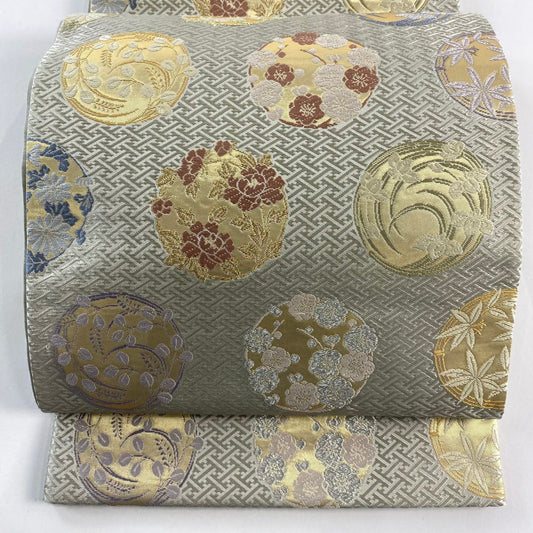【庫存清倉】 【美品】 袋帶 名品級 能衣花乃圓文 金銀絲 金金箔 灰色 六通 純蠶絲