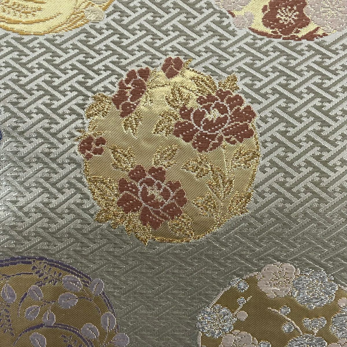 【庫存清倉】 【美品】 袋帶 名品級 能衣花乃圓文 金銀絲 金金箔 灰色 六通 純蠶絲