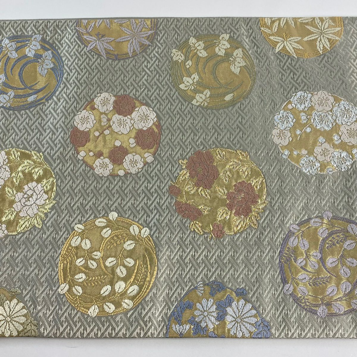【庫存清倉】 【美品】 袋帶 名品級 能衣花乃圓文 金銀絲 金金箔 灰色 六通 純蠶絲