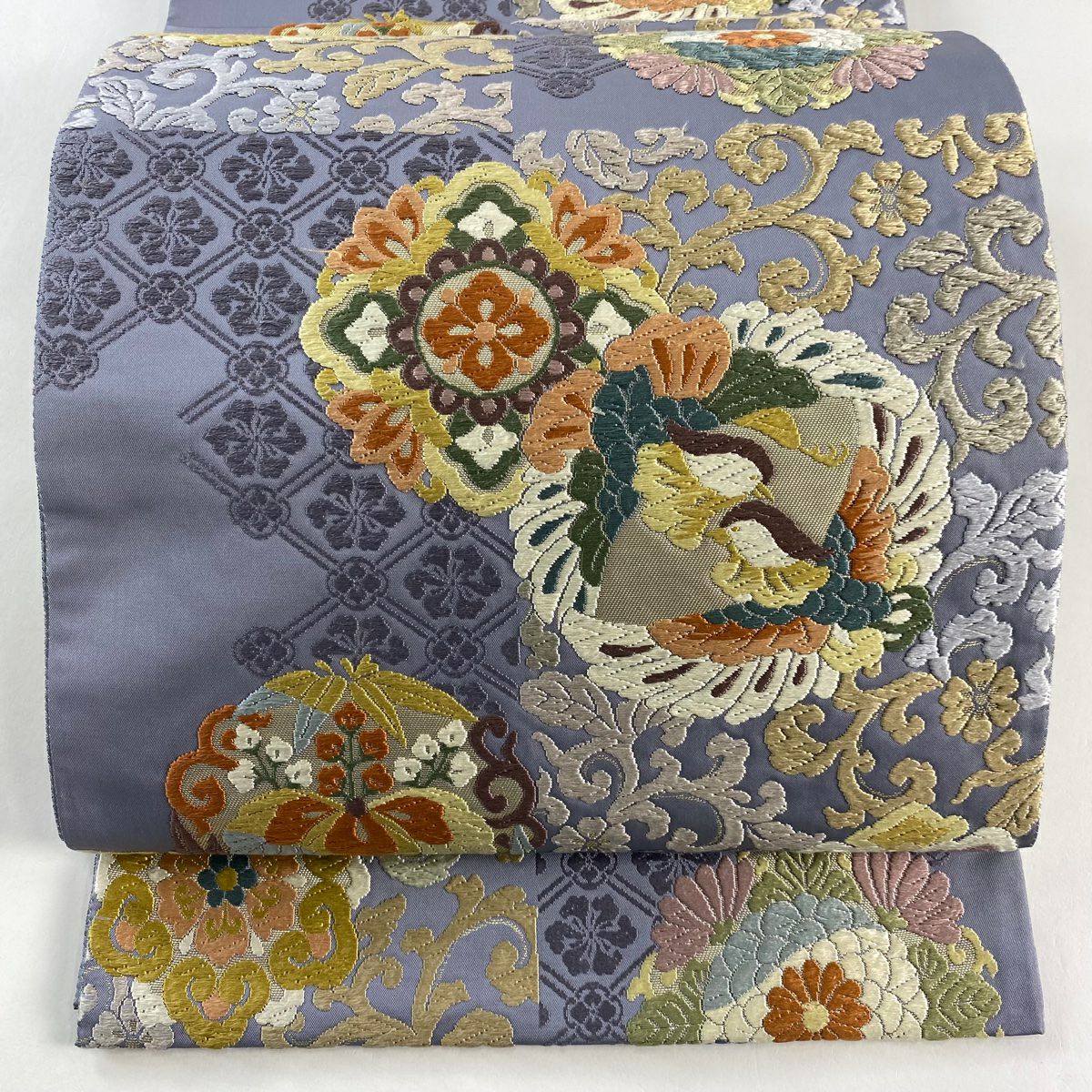 【庫存清倉】 袋帶 名品級 華紋 鴛鴦 唐織 金金箔 淺紫 六通 純蠶絲