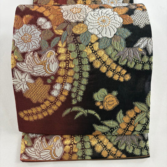【庫存清倉】 【美品】 袋帶 名品級 辻花染 鳥 金金箔 金絲 紅茶 六通 純蠶絲