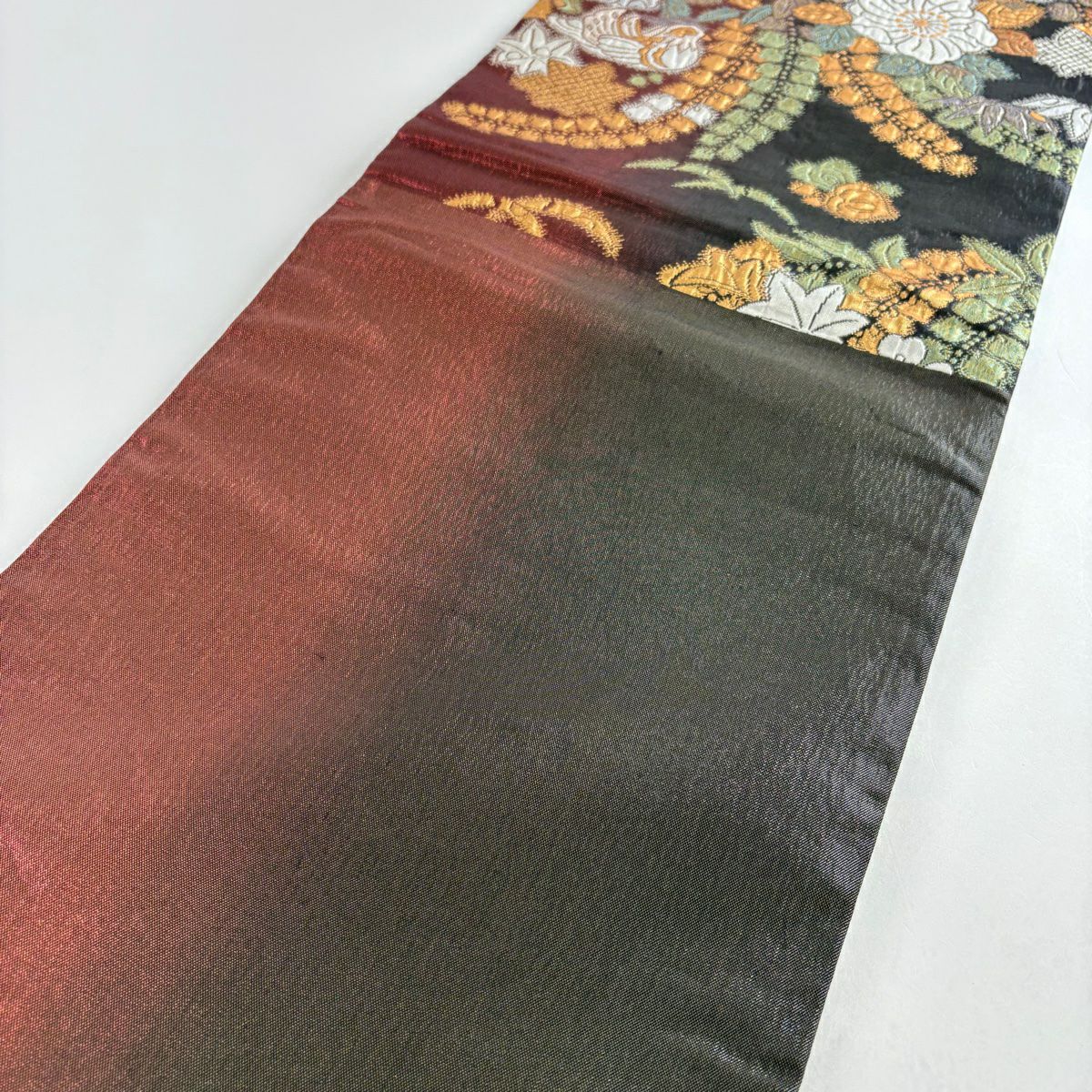 【庫存清倉】 【美品】 袋帶 名品級 辻花染 鳥 金金箔 金絲 紅茶 六通 純蠶絲