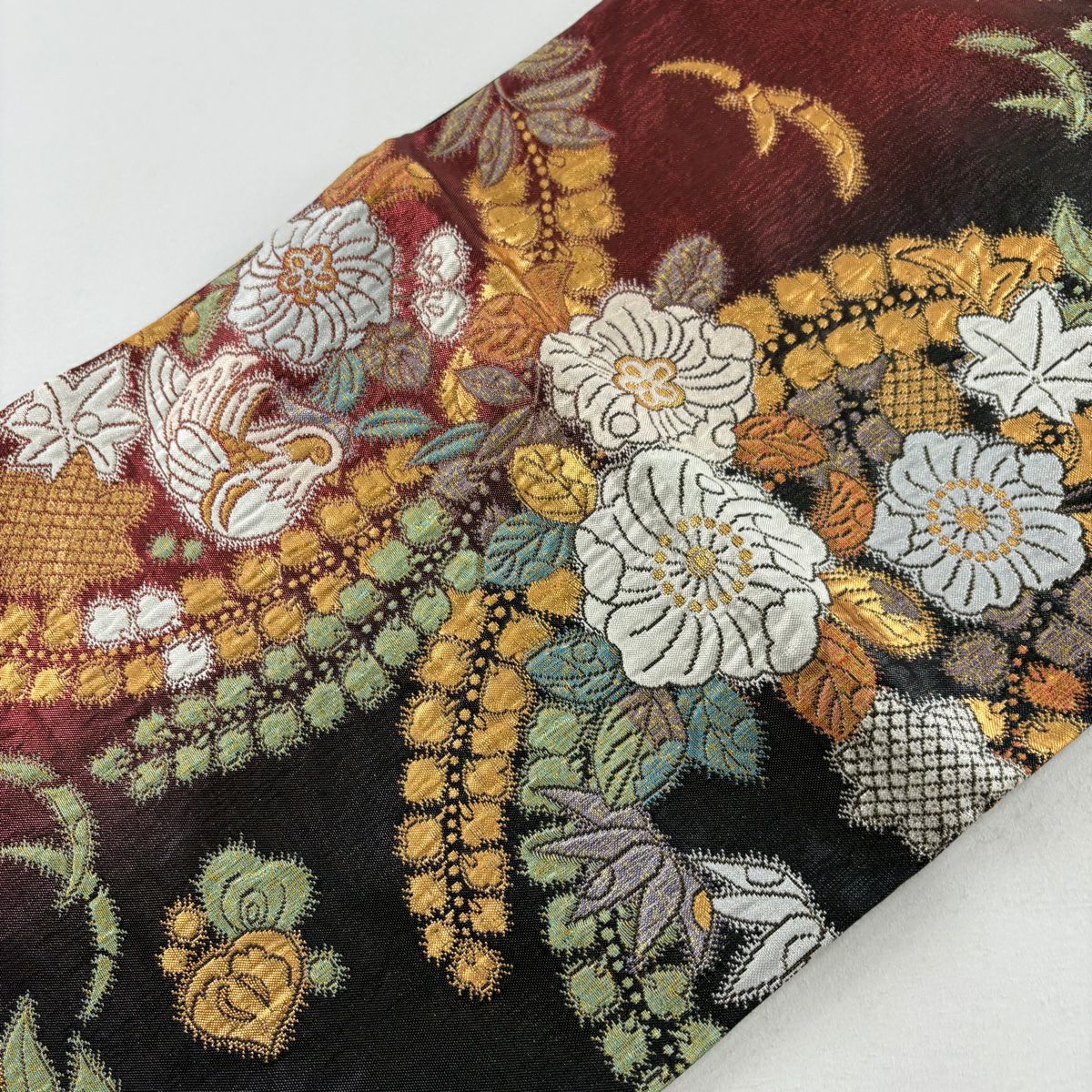 【庫存清倉】 【美品】 袋帶 名品級 辻花染 鳥 金金箔 金絲 紅茶 六通 純蠶絲