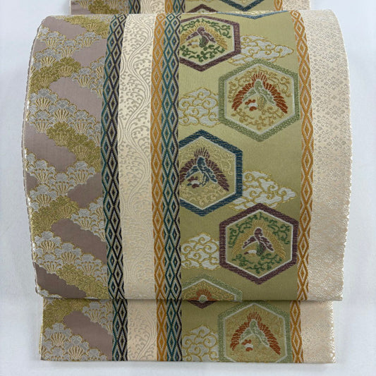 【庫存清倉】 【美品】 袋帶 名品級 鳥 筋斗雲 金絲 刺繡 米色 六通 純蠶絲