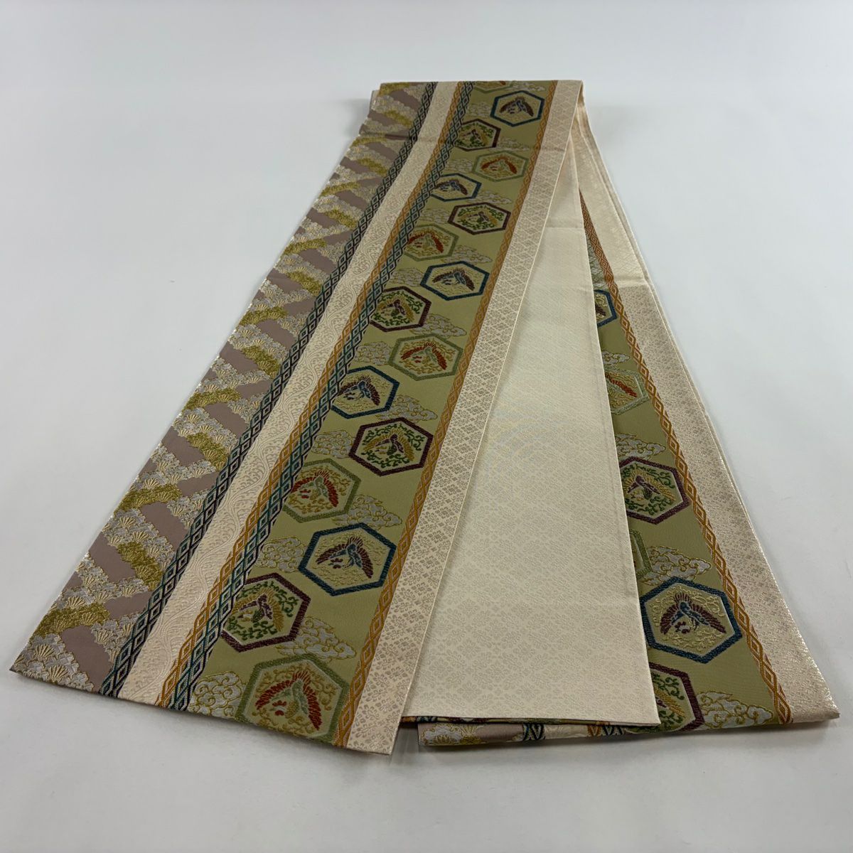 【庫存清倉】 【美品】 袋帶 名品級 鳥 筋斗雲 金絲 刺繡 米色 六通 純蠶絲