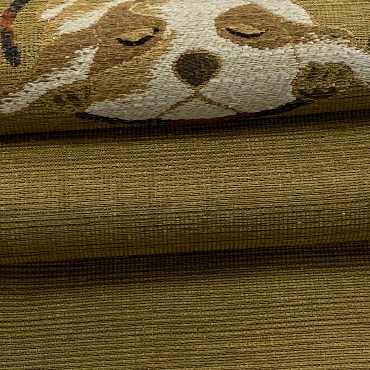 【美品】 名古屋帶 逸品級 犬 金絲 刺繡 淺黃土 純蠶絲