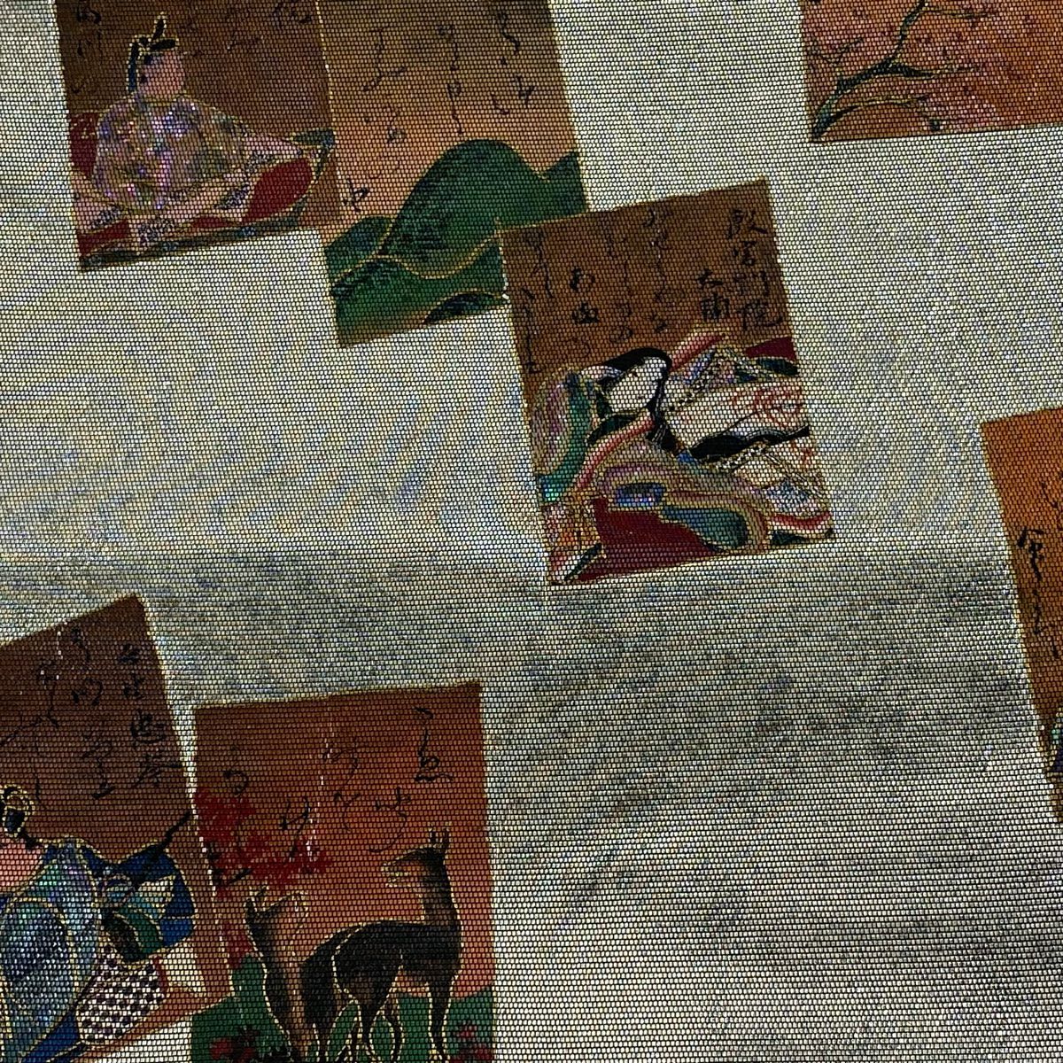 【庫存清倉】 袋帶 名品級 百人一首 人物 金金箔 螺鈿金金箔 銀色 大鼓圖案 純蠶絲