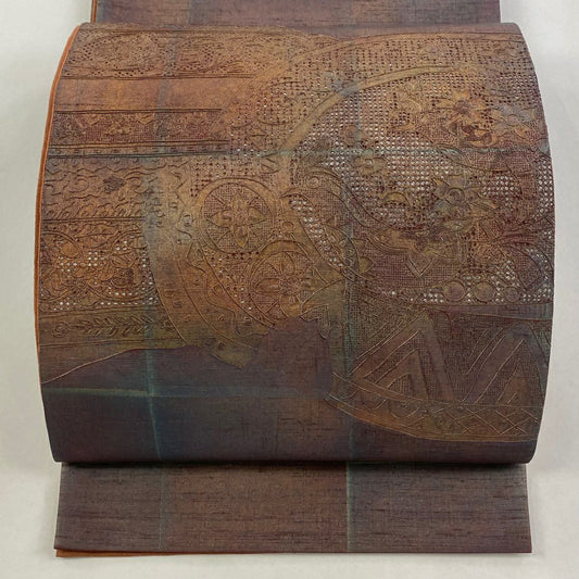 【庫存清倉】 【美品】 袋帶 名品級 花唐草紋 鏡裏文 刺繡 灰 深藍色 正蠶絲