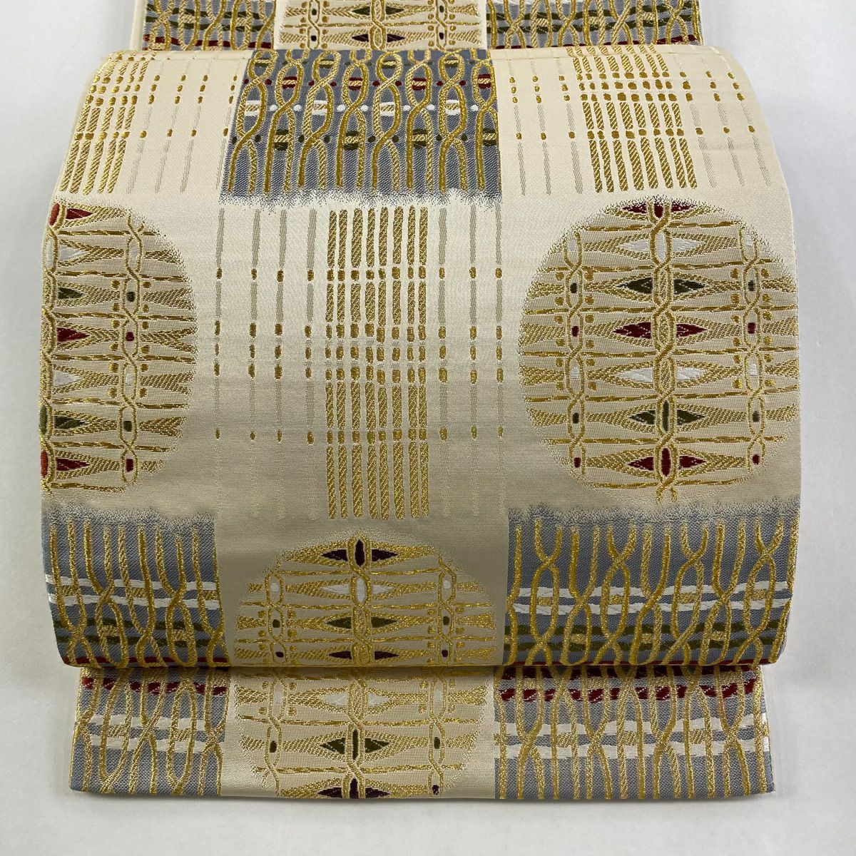 【庫存清倉】 【美品】 袋帶 名品級 新涼文 幾何圖案 市松樹 金絲 米色 六通 純蠶絲