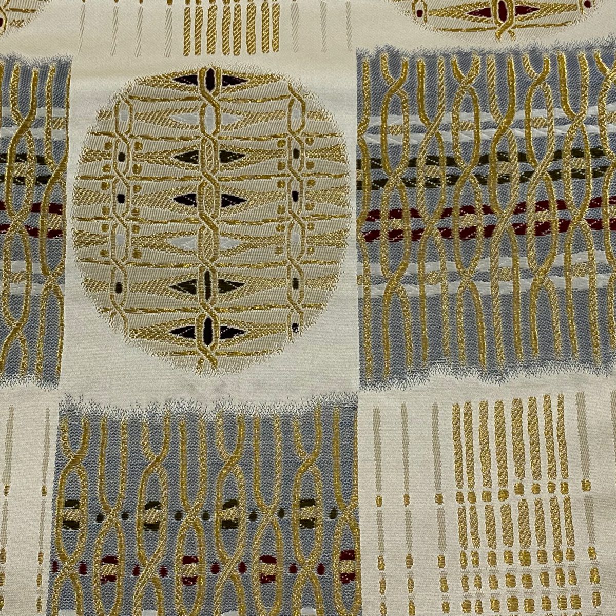 【庫存清倉】 【美品】 袋帶 名品級 新涼文 幾何圖案 市松樹 金絲 米色 六通 純蠶絲