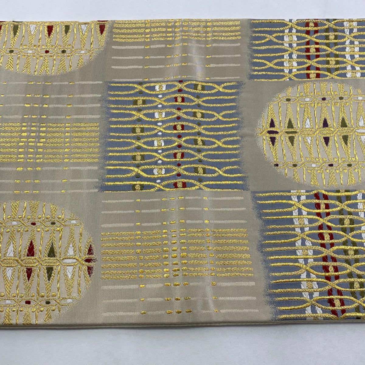 【庫存清倉】 【美品】 袋帶 名品級 新涼文 幾何圖案 市松樹 金絲 米色 六通 純蠶絲