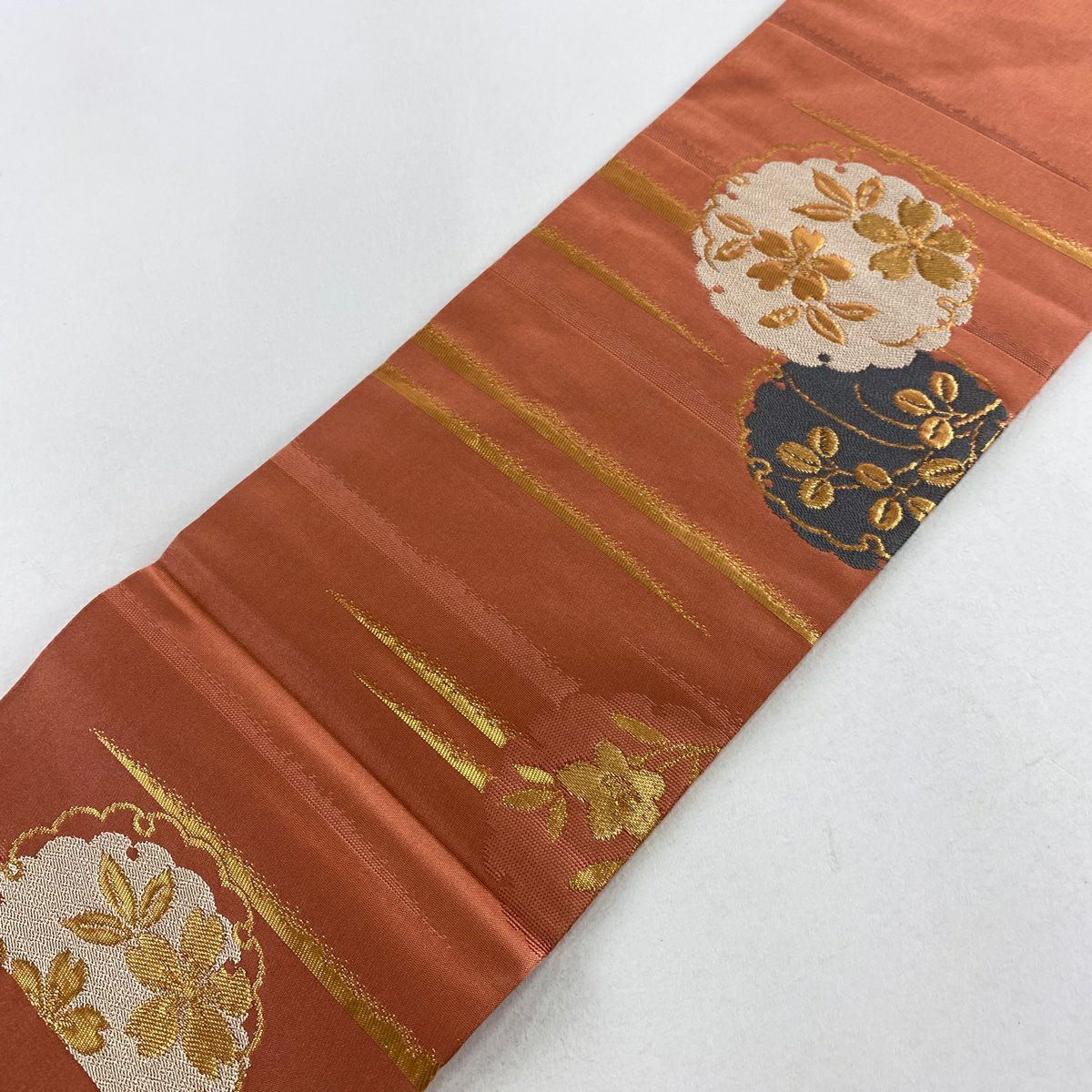 【美品】 名古屋帶 優品級 雪輪 霞 金金箔 鮭粉色 純蠶絲