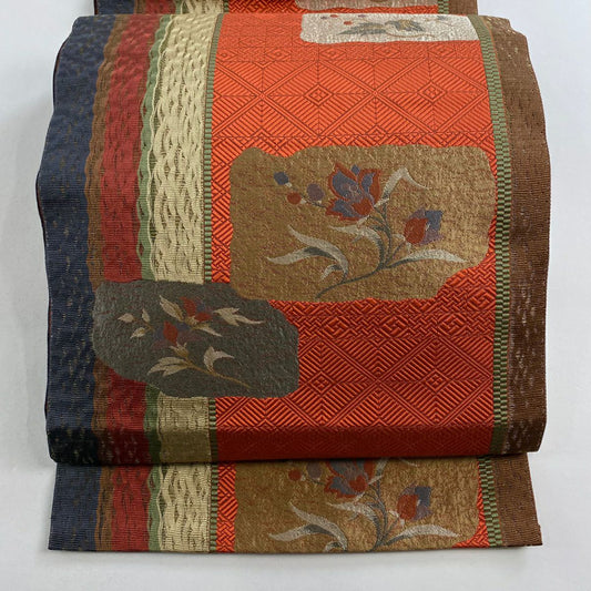 【美品】 名古屋帶 優品級 八寸名古屋帶 隧道仕立 草花紋紋 條紋 金絲 朱 純蠶絲