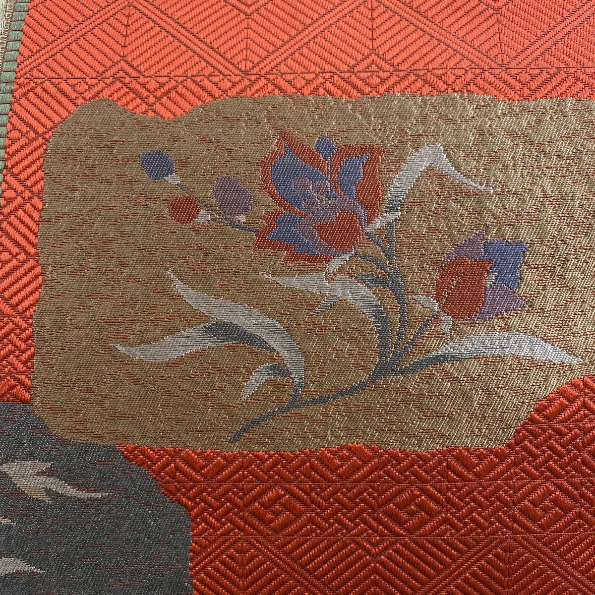【美品】 名古屋帶 優品級 八寸名古屋帶 隧道仕立 草花紋紋 條紋 金絲 朱 純蠶絲